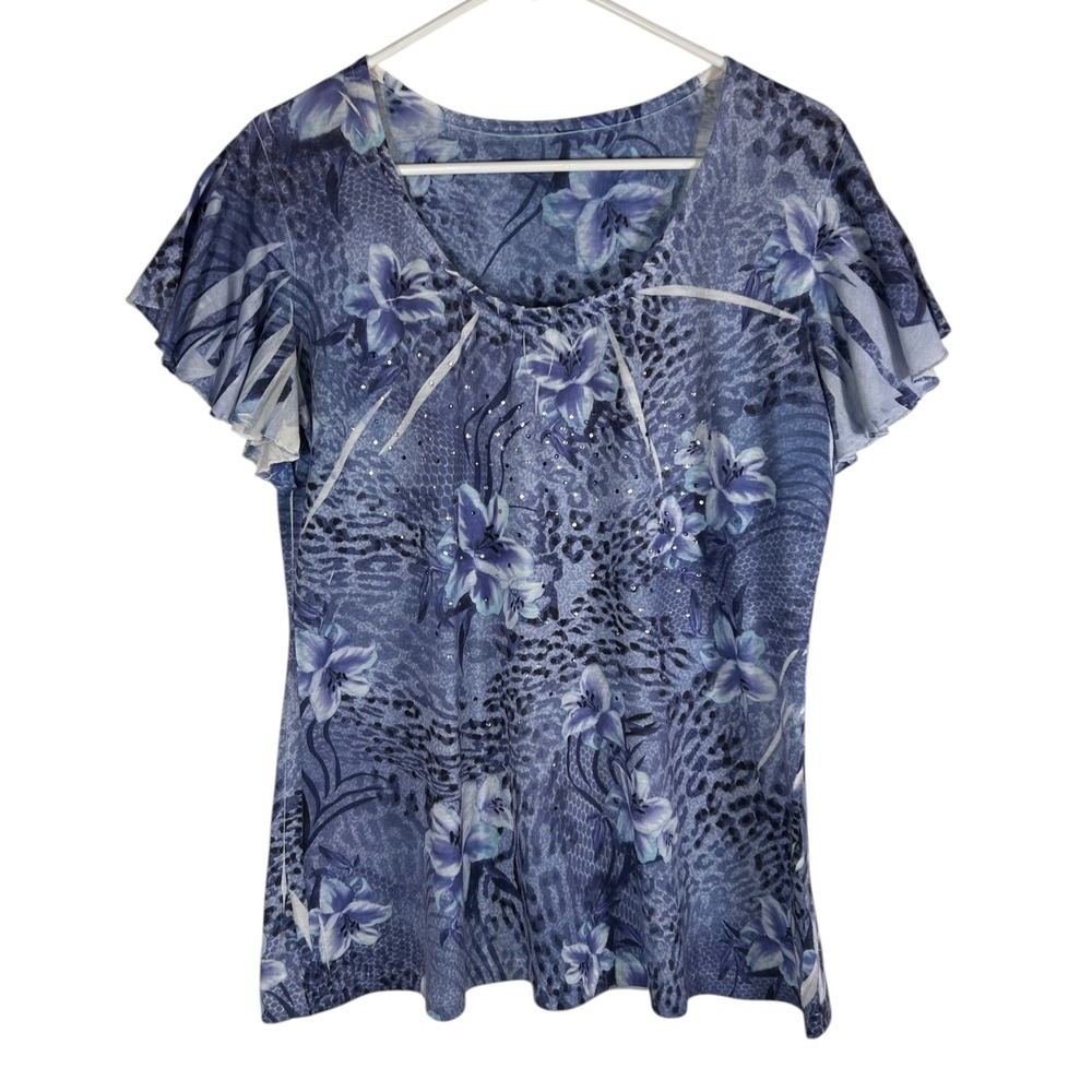 Blue Floral Animal Print Flutter Sleeve Rhinestone Top RN 59451 Size L